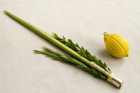 Accurate lulav bundle with palm, myrtle and willow beside yellow etrog on linen for respectful Sukkot cultural and religious visuals