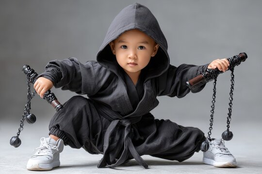 Young martial artist practicing nunchaku techniques in a studio setting