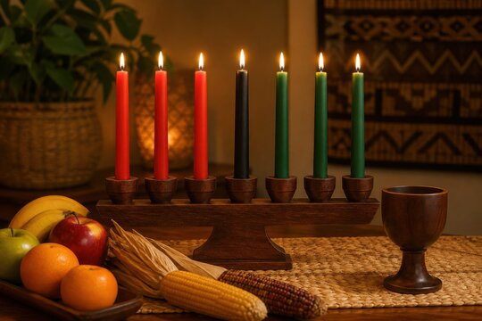 Seven lit Kwanzaa candles in red, black and green with corn, fruit and unity cup for an authentic final night celebration