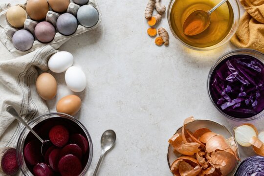 Natural Easter egg dyeing with beet, turmeric, red cabbage and onion skins for sustainable spring craft content and eco campaigns