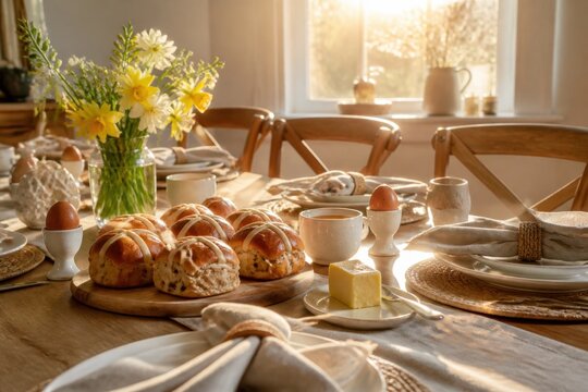 Easter sunrise breakfast table with hot cross buns, eggs, tea and spring flowers before guests arrive for holiday hospitality