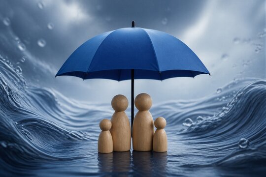 Wooden figures sheltered under umbrella amid water waves