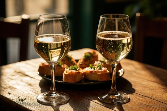 Two glasses of txakoli wine bubbly and clear sit on a wooden table near small tapas. Appetizers include bread topped with spreads and herbs ready for enjoyment.