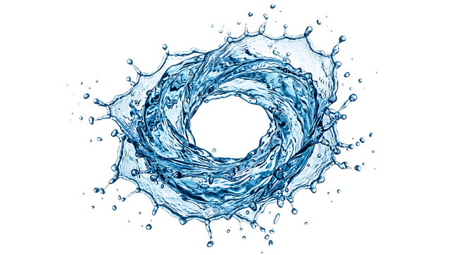 A dynamic splash of clear water forming a swirling vortex or ring shape, captured with detail and droplets flying outward on a white background isolated on a transparent background