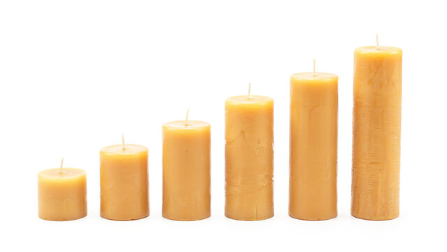 Set of five different sized natural colored beeswax or soy candles with wicks arranged in ascending order