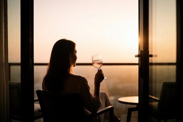 Fototapeta premium Woman with rose wine glass sits on balcony at sunset. She enjoys scenic view and golden hour light. Peaceful vacation moment in hotel apartment.