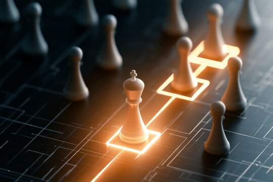 Chess pieces on a game board with a king and pawns in an intense match during the evening