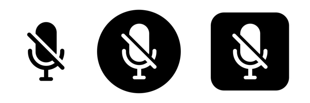 Mute button icon set with mic off symbol. Solid microphone control icons for video calls, online meetings and voice chat