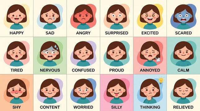 Human facial expressions chart. Set of diverse emotions and feelings for character design.