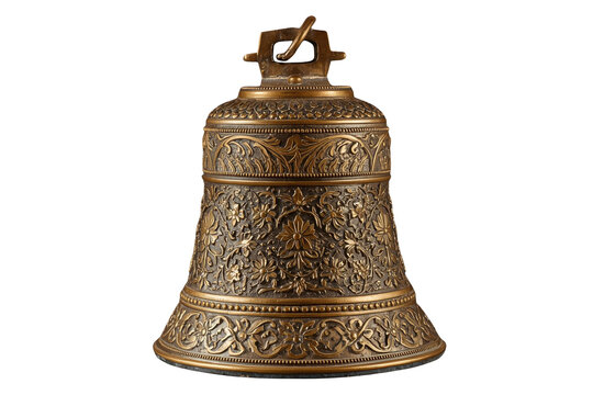 Large ornate antique bronze bell isolated on transparent background