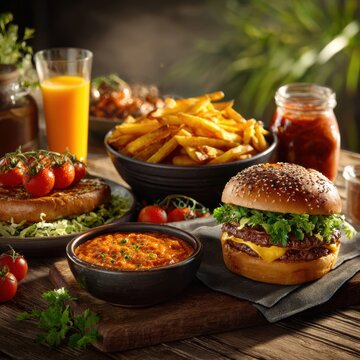 Delicious double cheeseburger with fries, dip, and juice on wooden table. Great for fast food and restaurant menu ads.