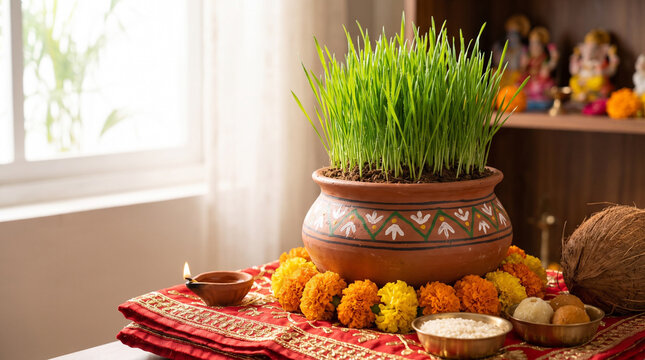 Green Jaware wheatgrass grown in clay pot for Navratri worship