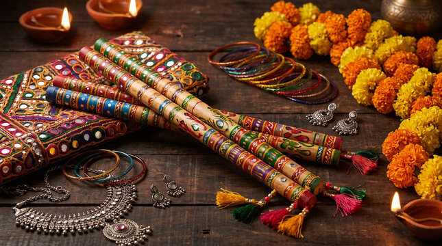 Colorful Gujarati Dandiya sticks and traditional Navratri accessories