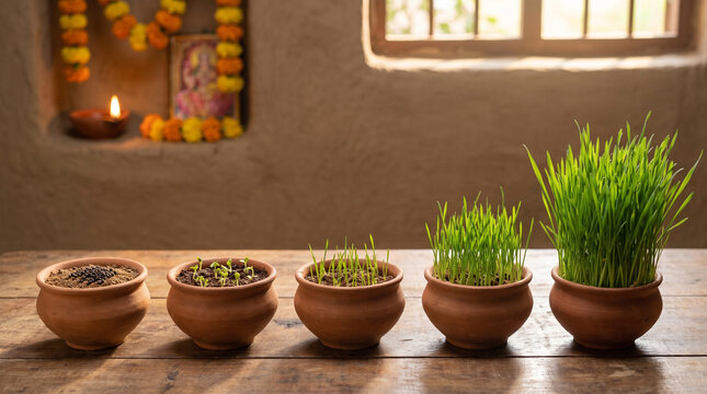 Growth stages of Jaware wheatgrass traditionally grown during Navratri