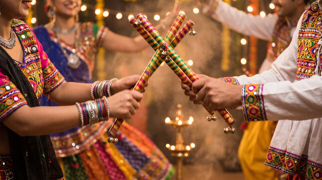 Traditional Gujarati Dandiya Raas dance during Navratri celebration