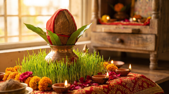 Traditional Navratri Kalash surrounded by green Jaware and marigold flowers