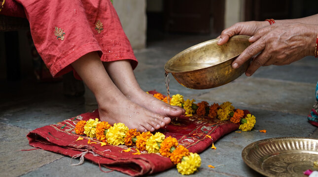 Traditional Kanya Puja foot washing ritual during Navratri Ashtami