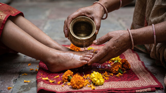 Traditional Kanya Puja foot washing ritual during Navratri Ashtami