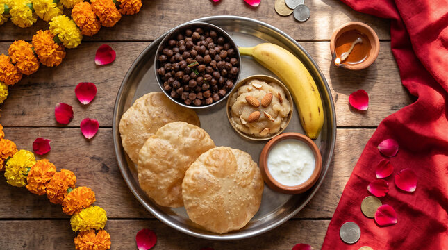 Traditional Kanya Puja food thali with puri halwa and chickpeas