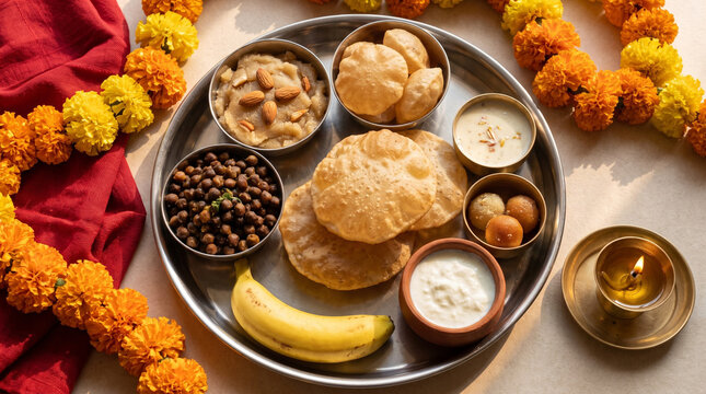 Traditional Kanya Puja food thali with puri halwa and chickpeas
