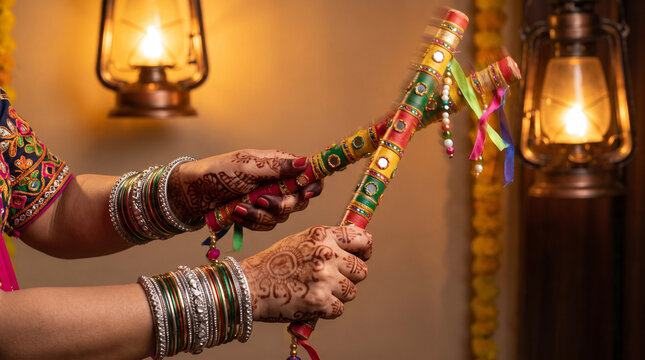 Close-up of decorated Dandiya sticks and traditional Gujarati Garba accessories