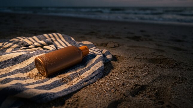 Brown sunscreen bottle resting on striped towel on sandy beach during sunset