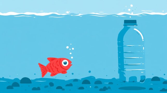 Red fish swims near a plastic bottle under water in a clear blue setting