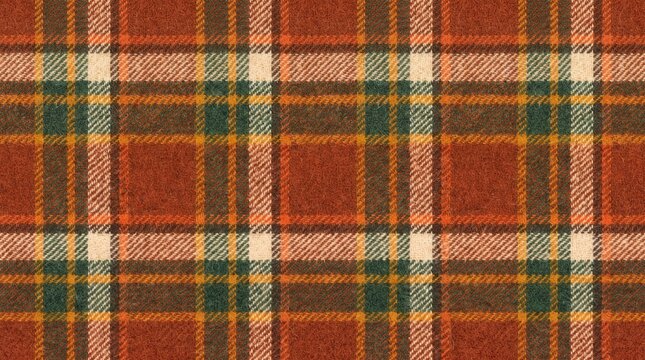 Red plaid fabric texture. Autumnal tartan pattern for textile design and cozy backgrounds.