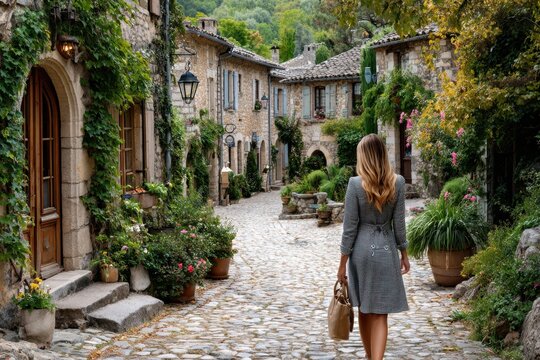Charming cobblestone street in a quaint village with blooming flowers and soft afternoon light