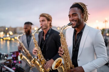 Fototapeta premium Saxophonists Playing at Sunset by the Water