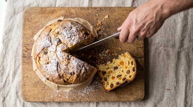Hand slicing a traditional fruitcake with a knife on a wooden cutting board