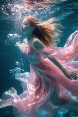 Obraz premium Young woman in flowing pink dress swims underwater. Blonde hair floats as she moves through clear blue water. Bubbles rise around her. Ethereal scene.