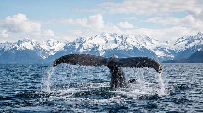 Majestic Humpback Whale Tail Fluke Diving into Deep Blue Sea with Snow Capped Mountains Background