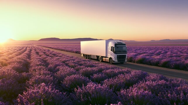Truck driving through lavender fields at sunset in a rural area
