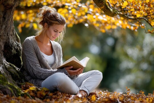Young Woman Reading Book Under Autumn Tree