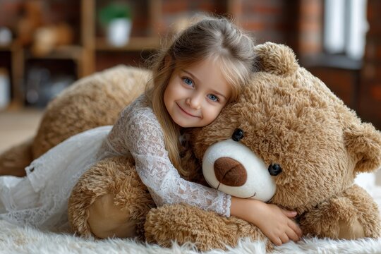 Little girl in white dress hugs large teddy bear indoors with warm background