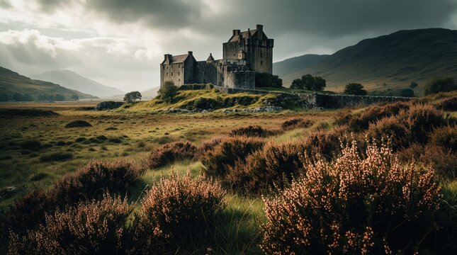Ancient scottish castle stands on hill in wild heather fields, rolling mountains under dramatic cloudy sky. Historic stone fortress overlooks vast rural landscape. Rural scene, stone architecture.
