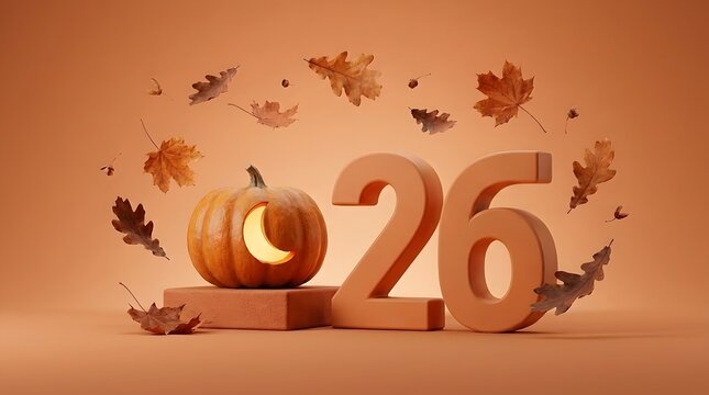 Autumn Pumpkin 26 Number 3D Podium Flying Leaves Background
