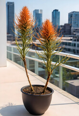 Fototapeta premium Two potted orange protea plants on a modern urban balcony with City skyscrapers in the background, City skyscrapers are visible in the background