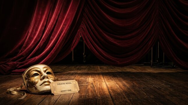 Theatrical Mask and Ticket on a Wooden Stage with Red Curtains.