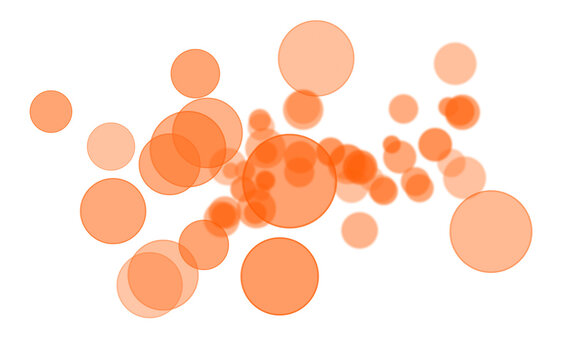 Abstract composition of orange circles overlapping on a black and yellow geometric background