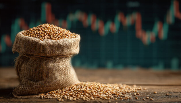 Grain market analysis with scattered wheat and burlap sack overlaid with financial chart patterns