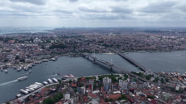 Hali&ccedil; Bridge and Golden Horn Scenic Drone View of Istanbul City