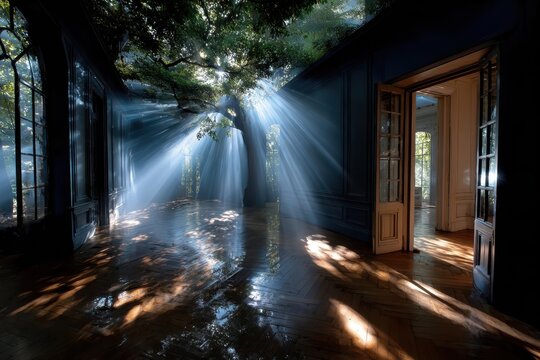 Light beams filter through trees inside an abandoned building, creating a serene atmosphere