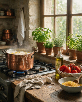Hammered copper pot overflowing with foam and pasta water boiling over on gas stove in rustic Italian villa kitchen with potted basil. Cooking mistake concept.