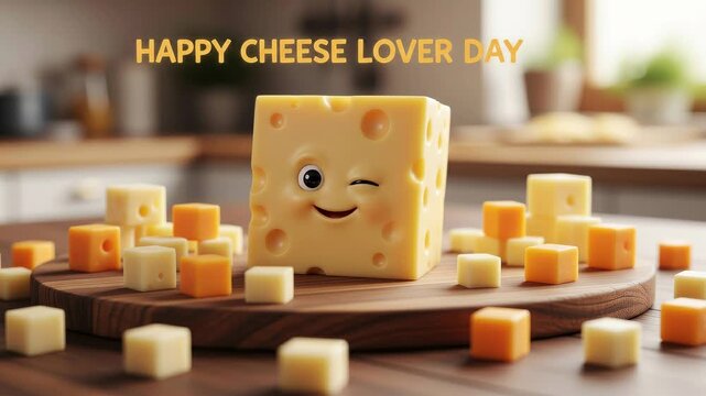 Cute cartoon cheese character on a wooden board