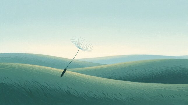 Single dandelion seed drifts over rolling green hills at dawn. Soft light illuminates serene landscape, suggesting new beginnings, hope. Delicate nature scene symbolizes journey, potential for growth.