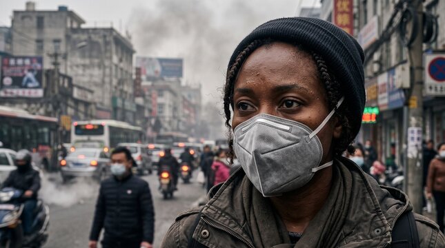 A person wearing a mask to protect themselves from smog and pollution in a bustling city street, highlighting the impact of environmental issues on daily life and health.