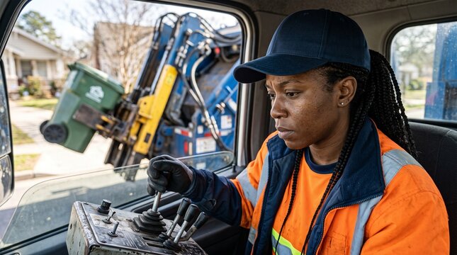 A female sanitation worker in a reflective vest and cap operates a garbage truck, focused and diligent in her essential role within the community.
