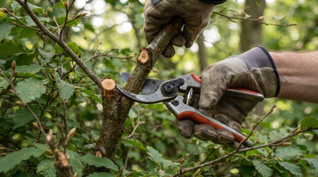 Hands wearing gardening gloves carefully prune a tree branch with pruning shears, showcasing a close-up of a diligent gardener at work in a leafy green outdoor environment.
